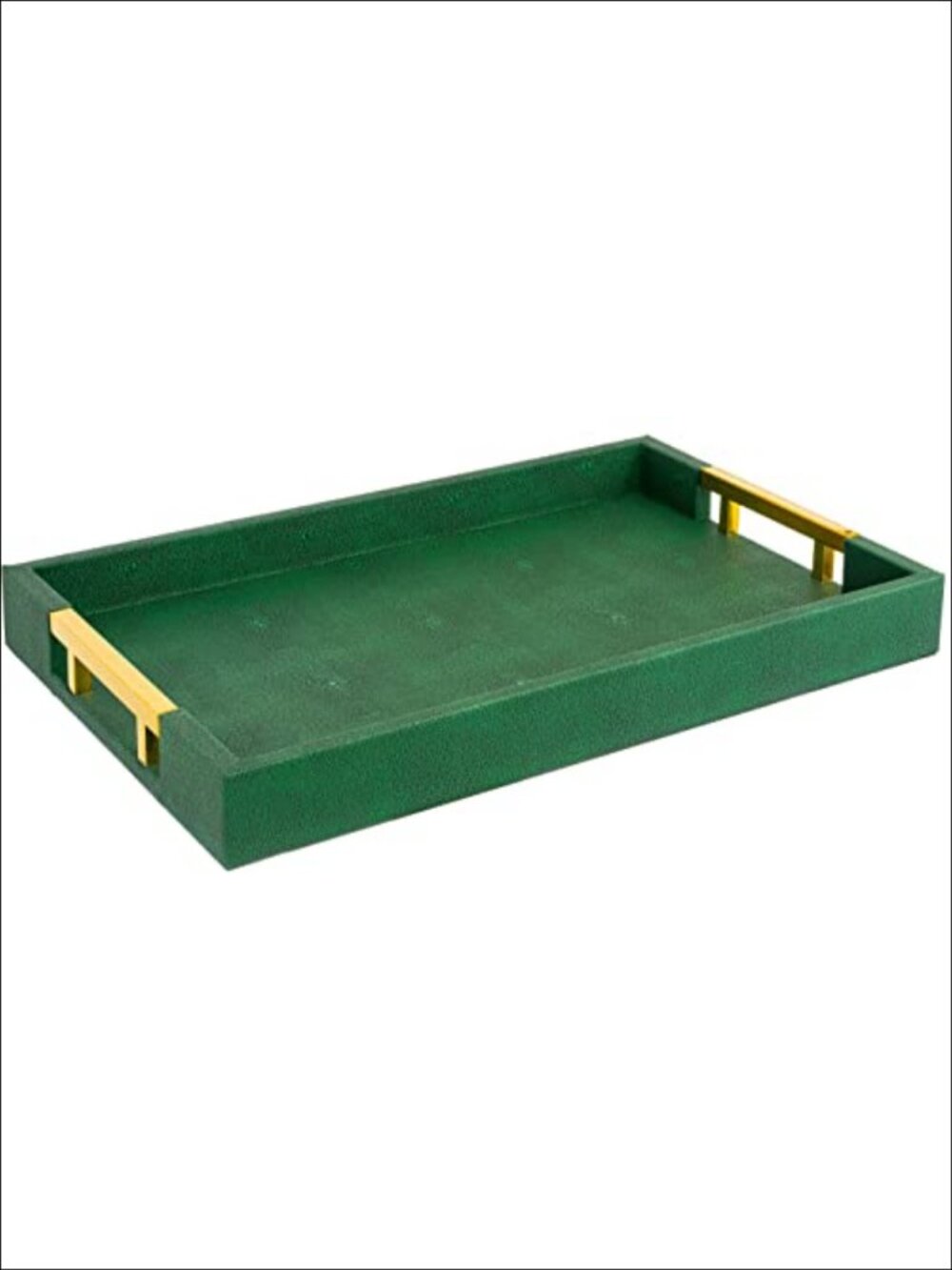 Emerald Green Shagreen Faux Leather Decorative Serving Tray Gold Polished Metal